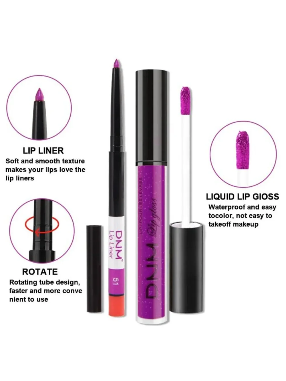 DNM 51# Purple Glitter 2Pcs 24H Long-Lasting Matte Liquid Lipstick and Lip Liner